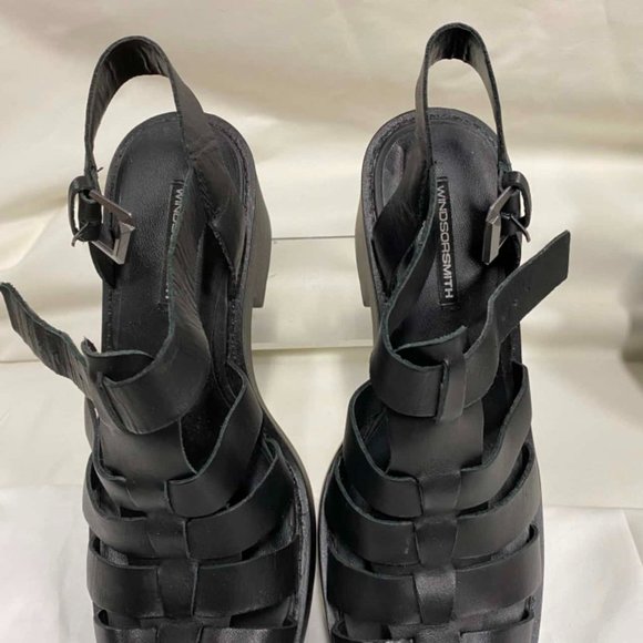 WINDSOR SMITH Lily Black Leather 90s Chunky Platform Block Heel Sandals - Picture 9 of 16